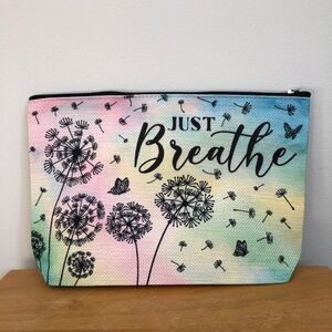 NWOT Pastel "Just Breathe" Zip Pouch with Dandelions and Butterflies